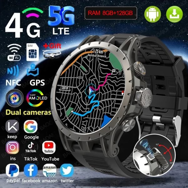 5G/4G Full Network Smart Watch 8GB+128GB RAM 1.43 inch AMOLED 750mah Battery 500W Camera GPS WIFI Google APP Download Smartwatch